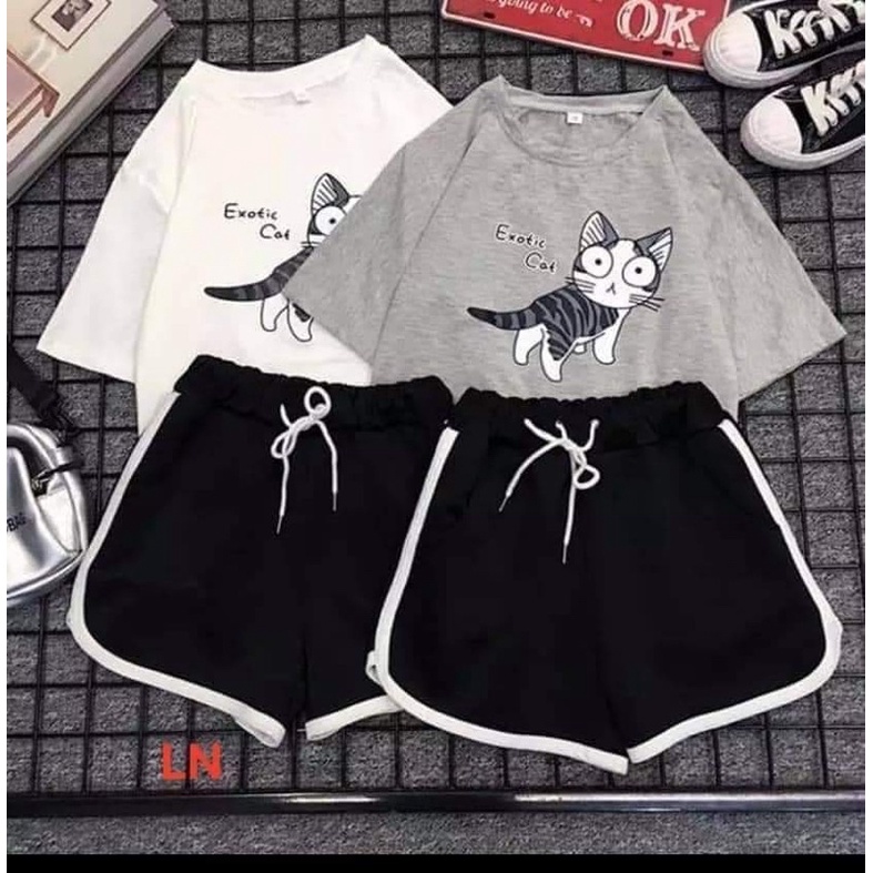 Sét áo phông mèo cat + quần đùi viền TH6