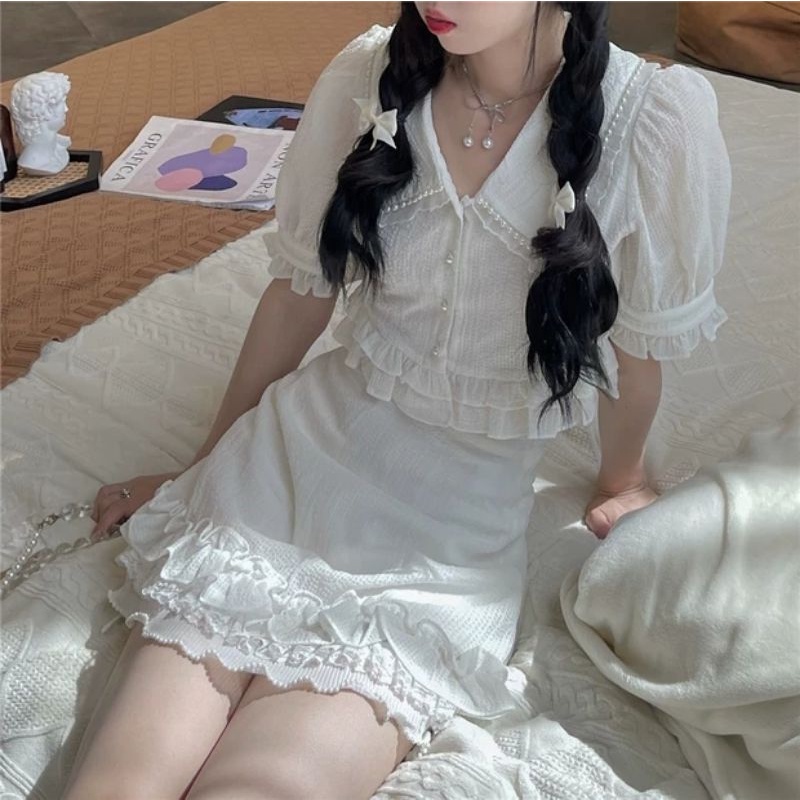 Set áo croptop cổ bẻ + chân váy chữ A viền bèo lolita xanh pastel trắng oder taobao