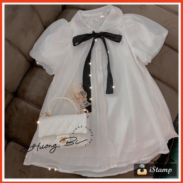 Áo babydoll voan cổ bèo viền ren thắt nơ dáng xòe, Áo váy babydoll voan giấu quần tay bồng shopxinh888888
