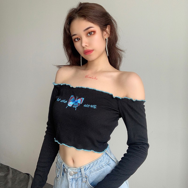 Áo croptop tay dài trễ vai bướm HAC41 - Hỉn Hỉn Store