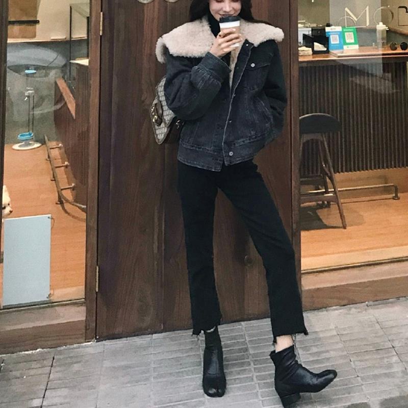 Áo Khoác Denim Lót Lông Cừu Phối Nhung Lông Cừu Dày Dặn Kiểu Mới Thời Trang Mùa Đông Cho Nữ
