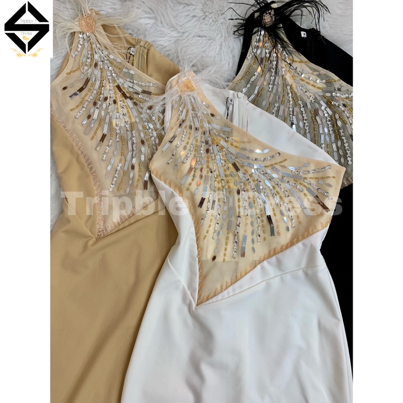 Đầm body lệch vai phối lông kết cườm TRIPBLE T DRESS - size S/M/L - MS347V