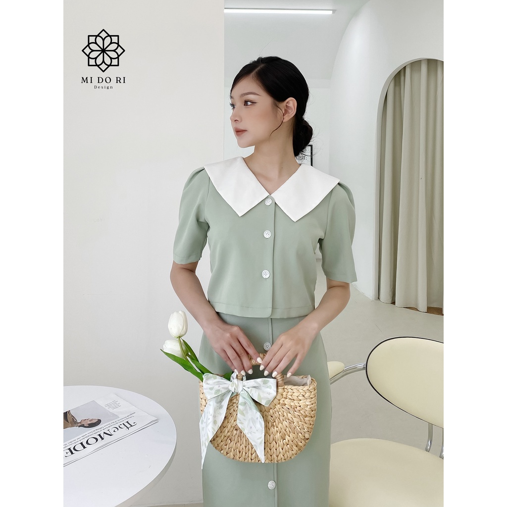Set áo croptop phối cổ trắng và chân váy midi màu xanh mint, chất tuytsy Nhật co giãn nhẹ - Lina Set