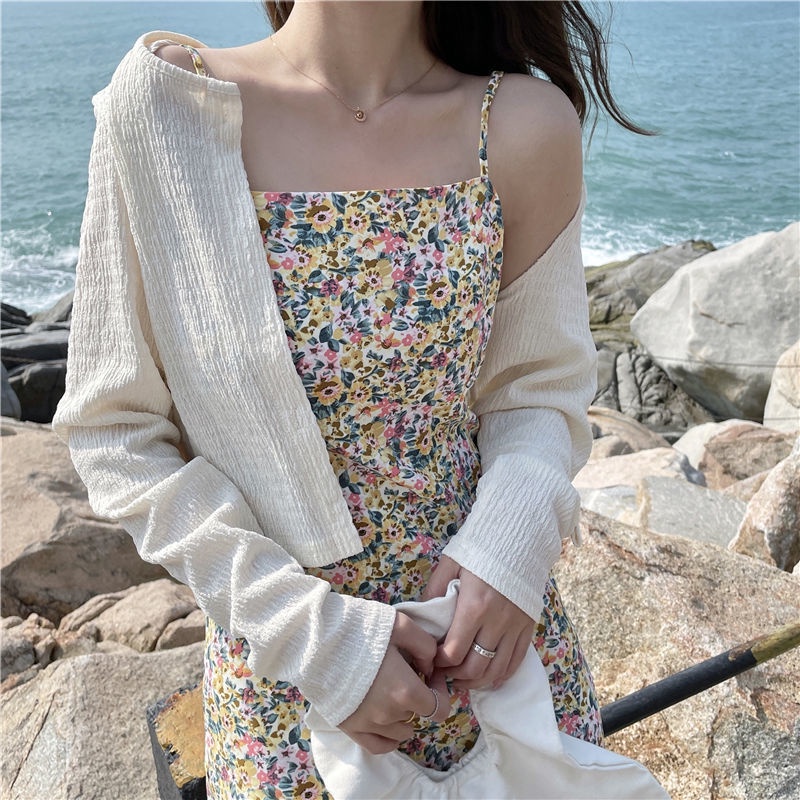 AMOI Bộ Đầm Hai Dây Dáng Rộng Họa Tiết Hoa Hợp Thời Trang Cho Nữ