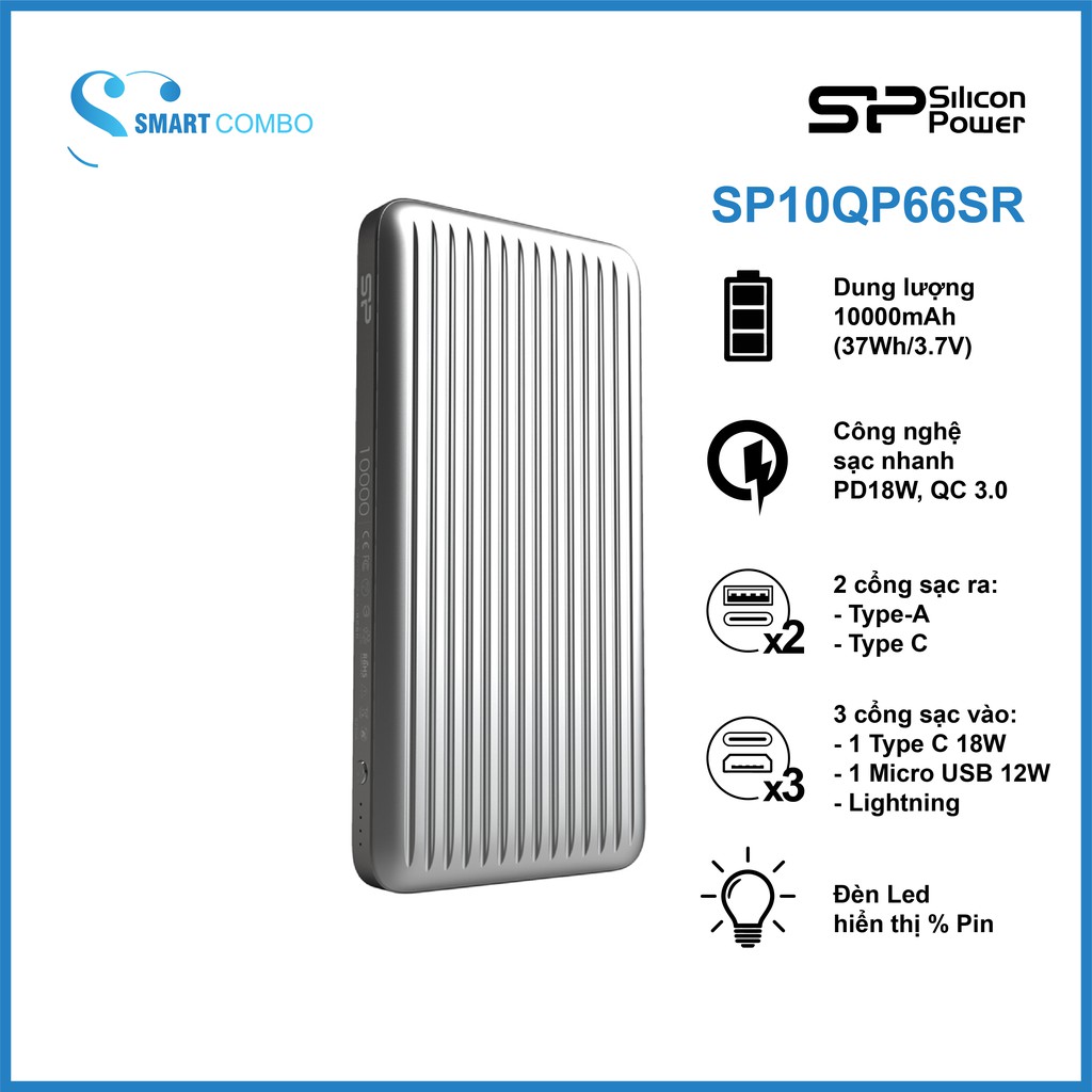 [Mã ELBAU150 giảm 8% đơn 500K] Pin sạc dự phòng Silicon Power - QP66 18W QC3.0 10.000mAh - Hàng chính hãng