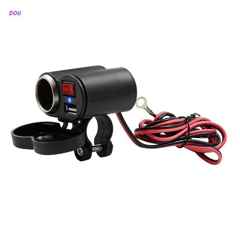 DOU 12V Motorcycle Handlebar USB Charger Waterproof Cigaret-te Lighter Socket with Switch for Cellphones Mobile Tablets GPS
