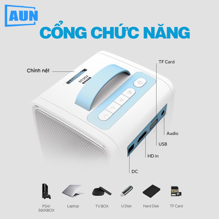 Máy chiếu mini Aun C40s - Hỗ trợ video fullHD - tặng dây HDMI - Kết nối máy tính, điện thoại