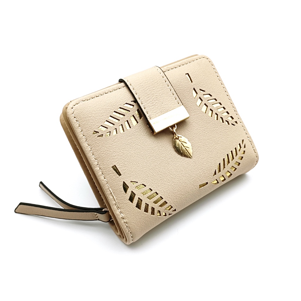 Ví Ngắn Cầm Tay Có Khóa Kéo Họa Tiết Lá Rỗng Phong Cách Hàn Quốc Cho Nữ Giá Đỡ