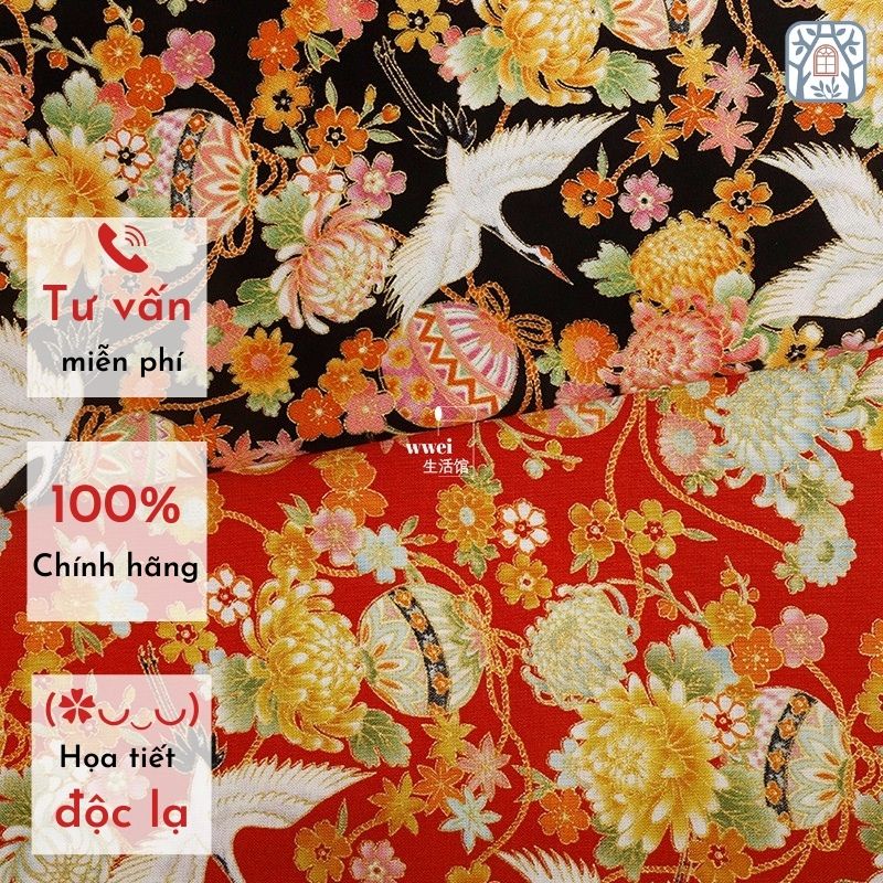SHF-2 Vải cotton 100% tự nhiên🍒SEVENBERRY🍒khổ vải 110cm, tết rực rỡ chim hạc - vải đẹp handmade, quilt, may quần áo