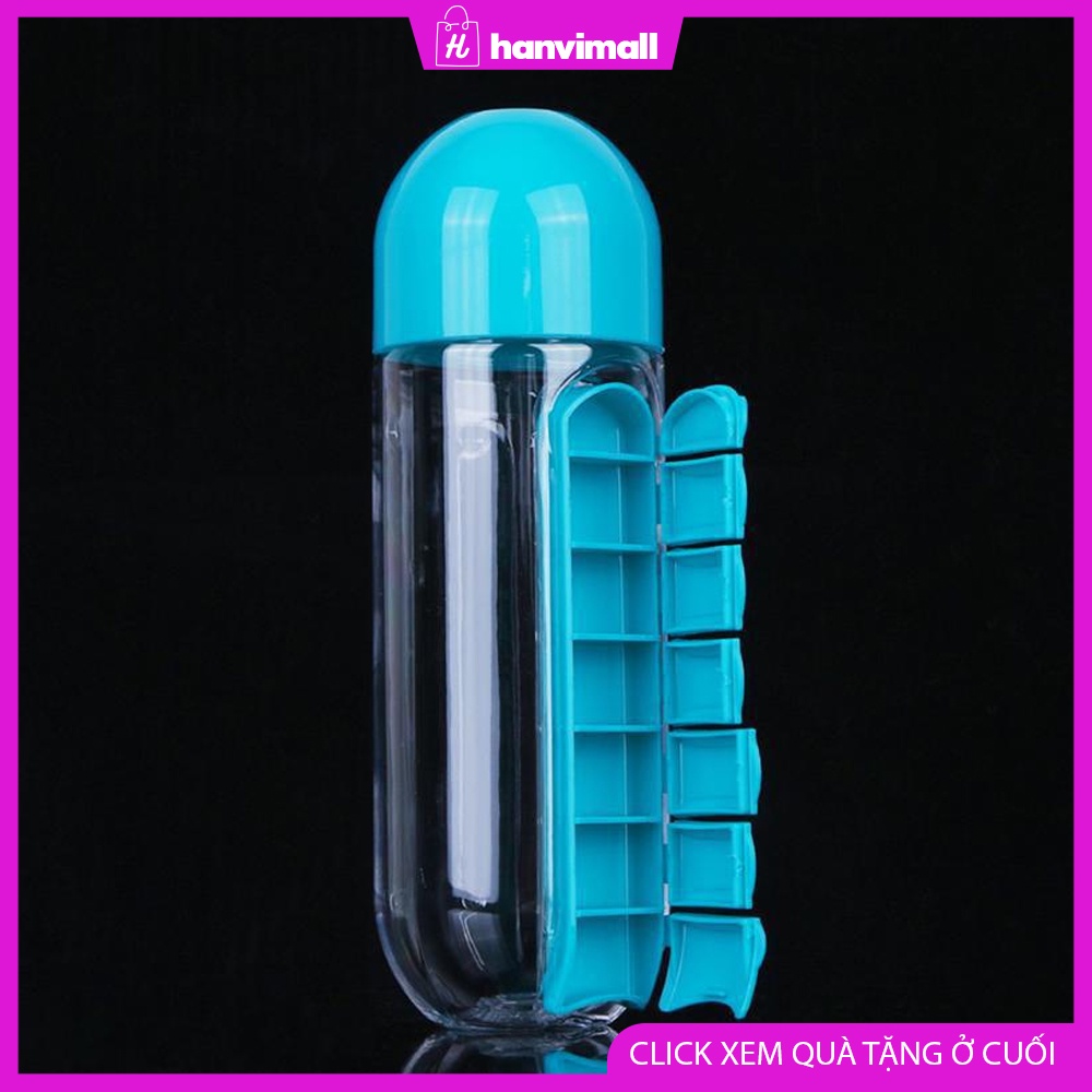 Bình đựng nước 2 trong 1 Bình nước 600ml kèm hộp đựng thuốc siêu tiện lợi