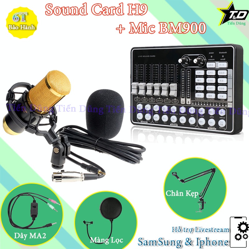 Micro thu âm sound card h9 mic bm900 chân màng dây live stream ma2- Mic thu âm sound card h9 có auto-tune