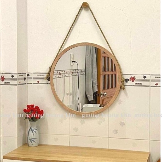 Gương tròn trang điểm viền gỗ cao cấp, gương trang trí decor treo dây thừng, full phụ kiện đường kính 60cm MIRRORTOCTOC
