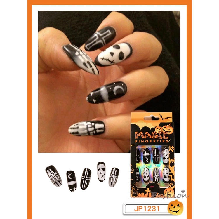 [Hàng mới về] Set 24 Móng Tay Giả In Họa Tiết Halloween Thời Trang