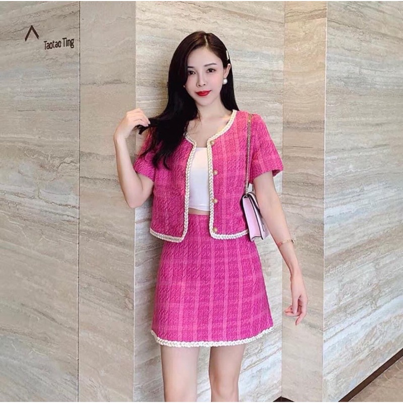 Áo dạ tweed nút ngọc HÀNG QUẢNG CHÂU hồng cánh sen kiểu retro thanh lịch SAM SAM BOUTIQUE