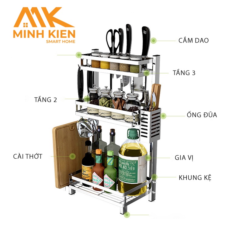 Kệ đựng gia vị inox 304 2/3 tầng nhà bếp, Kệ để đồ nhà bếp đa năng siêu bền MKS006