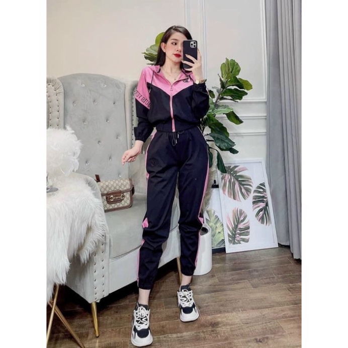 Set bộ thể thao nữ có mũ dài tay quần bo gấu chữ LV chất umi hàn - Bộ thu đông nữ - Hàng mới về