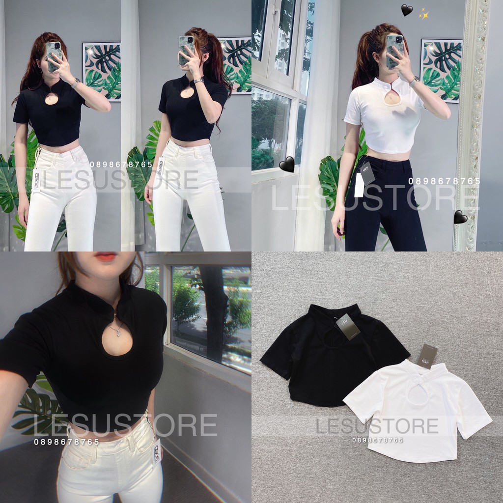ẢNH TỰ CHỤP Croptop cổ trụ khoét tròn tay ngắn