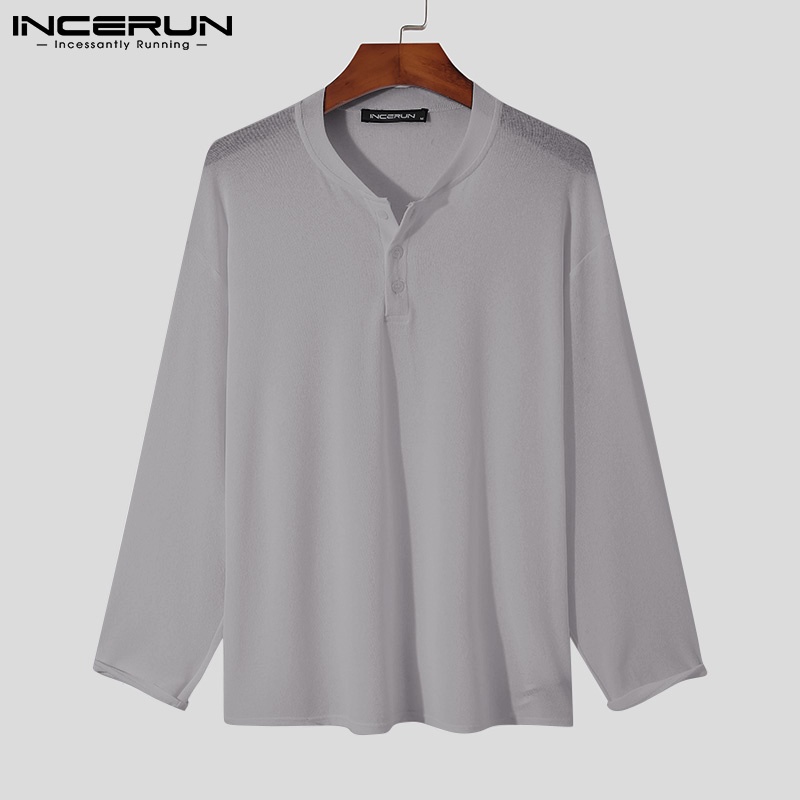 Áo thun INCERUN dài tay cổ chữ V màu trơn thời trang cho nam