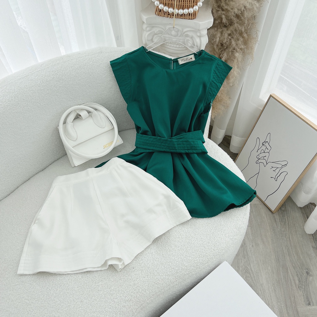 SET ÁO PEPLUM XANH THẮT EO + QUẦN SHORT TRẮNG