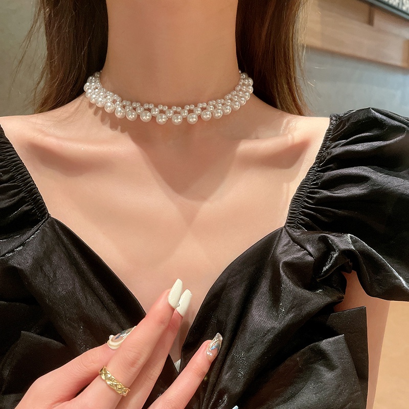 Dây Chuyền choker Ngắn Đính Ngọc Trai Tương Phản Phong Cách Hàn Quốc Thời Trang Cho Nữ