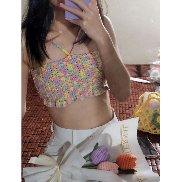 Áo len móc croptop crochet handmade màu Candy Crush siêu cute quyến rũ sexy mặc được nhiều kiểu hình thật
