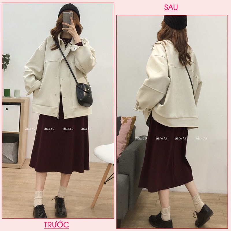 Áo Khoác Bomber Nữ MIN19 Áo Khoác Nữ Form Rộng Tay phồng Bigsize Hàn Quốc Chất Da Lộn Màu Đen Nâu Be Rêu Thời Trang