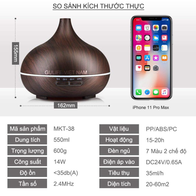 ✅ Máy Xông Tinh Dầu ✅ Máy Khuếch tán tinh dầu, Phun Sương Tạo Độ Ẩm Cổ Cao GULIFE Có Remote Dung Tích 500ml