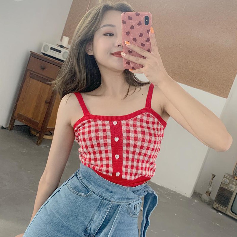 Áo tank top dệt kim vải cotton dáng ôm sọc ca rô thời trang quyến rũ cho nữ | BigBuy360 - bigbuy360.vn