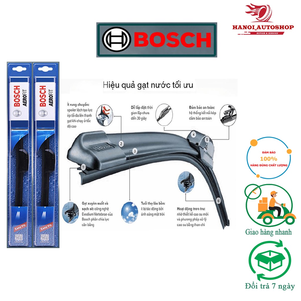 Gạt Mưa Bosch Chính hãng-Gạt mưa ô tô Bosch Aerofit không xương lưỡi gạt silicon ôm sát,gạt sạch sâu, không gây tiếng ồn