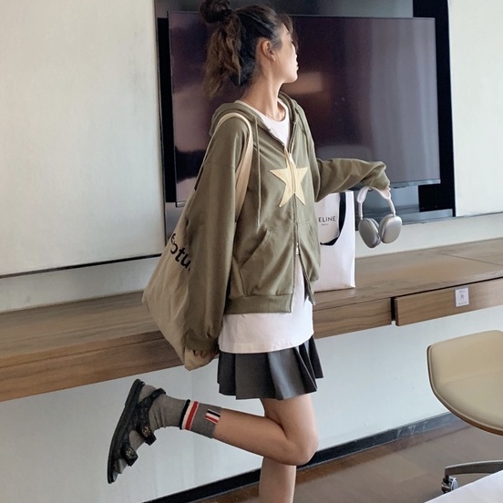 ZHELIHANGFEI Áo Hoodie Dài Tay Dáng Rộng Phối Khóa Kéo Phong Cách Retro Mỹ