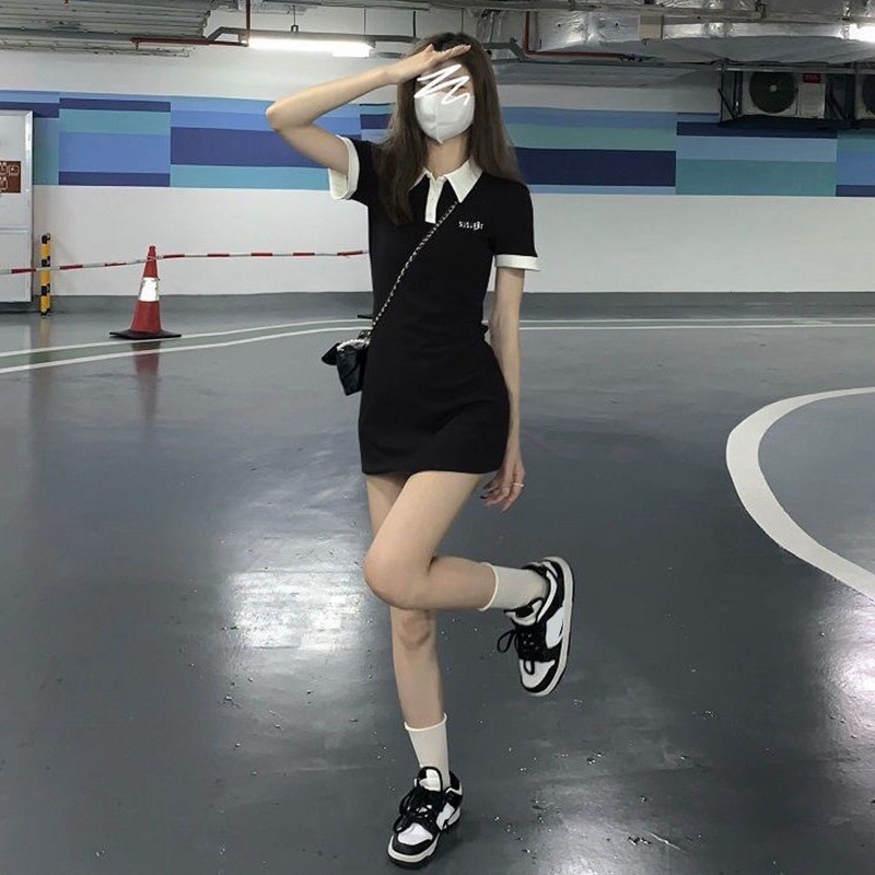 Brroa Đầm Mini Tay Ngắn Dáng Ôm Cài Nút Trước Phối Màu Tương Phản Thời Trang Mùa Hè Cho Nữ