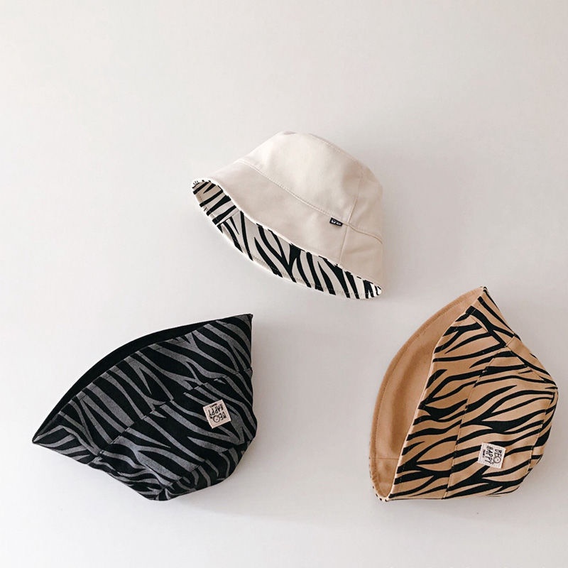 hat for kids baby Korean style personality striped children's double-sided fisherman hat Spring Autumn Tide boys and girls baby letter label bucket cap basin cap