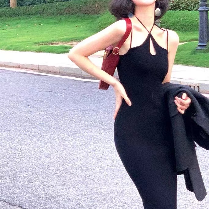 SUXI Đầm Dệt Kim Cổ Yếm Hở Vai Màu Sắc Trơn Phong Cách Vintage Thời Trang Mùa Hè Dành Cho Nữ