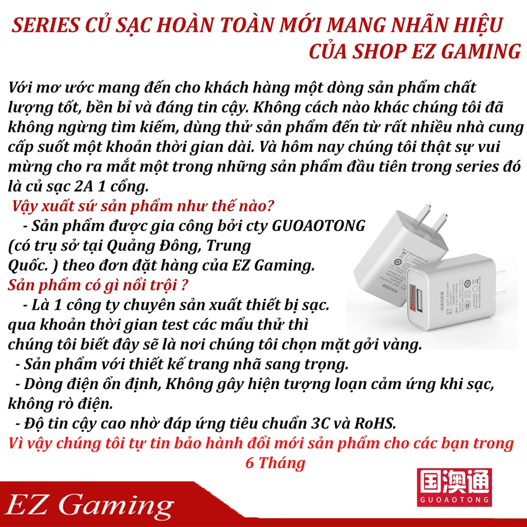 Củ sạc nhanh 2A 1 cổng - EZ Gaming Thiết kế đẹp tương thích IOS, Android,...