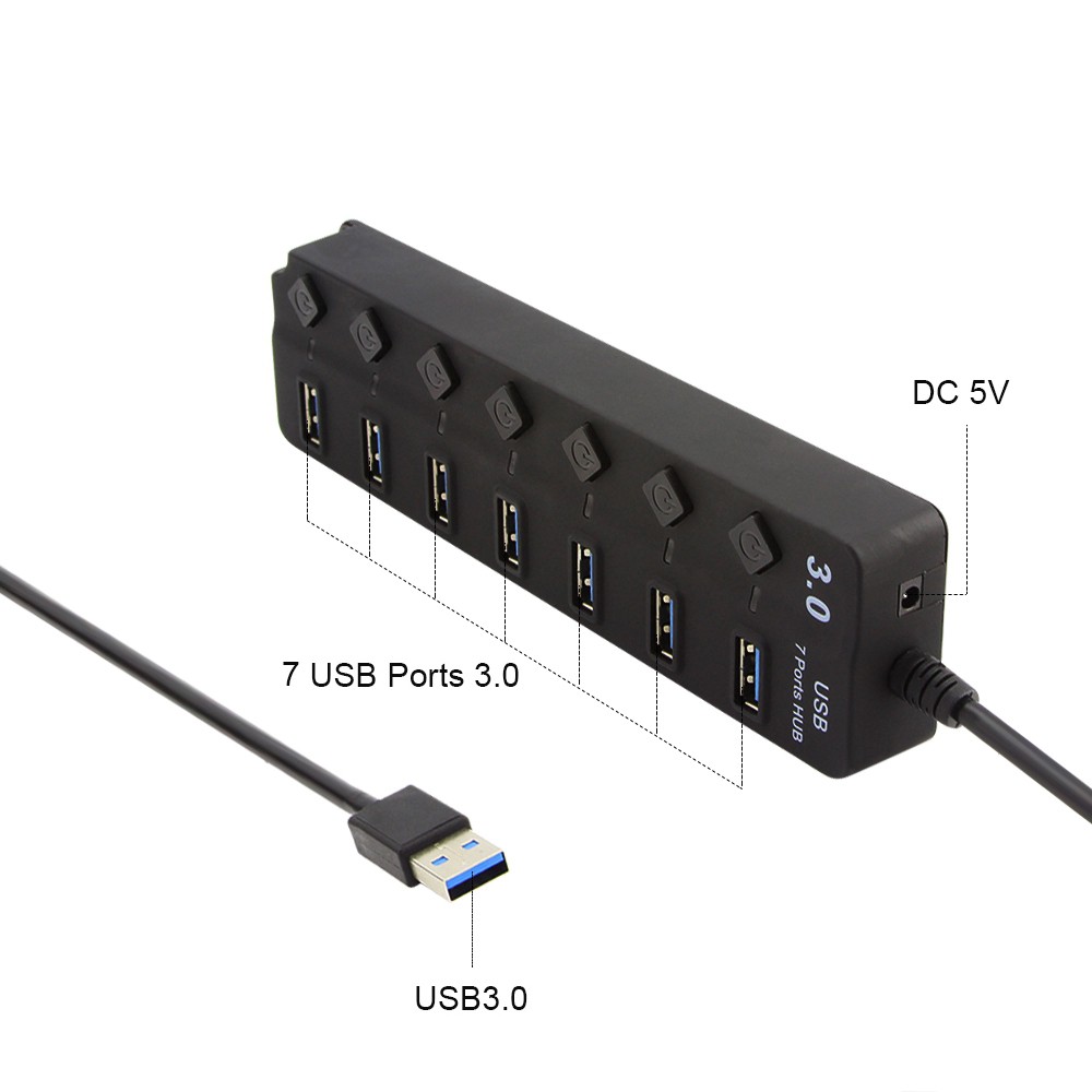 Hub Chia 7 Cổng Usb 3.0 Tốc Độ Cao Có Công Tắc On / Off Cho Macbook Laptop Pc