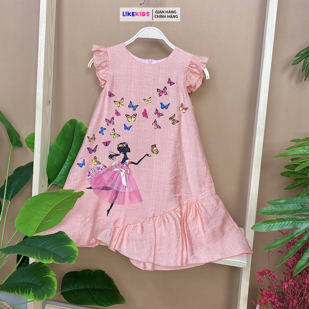 Váy cho bé gái, đầm công chúa họa tiết búp bê tay cánh tiên Likekids - E52