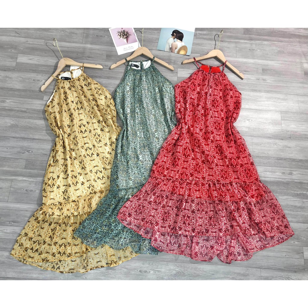 Váy maxi cổ yếm đuôi cá dáng suông MQ CLOTHING, đầm dáng dài họa tiết sang chảnh dạo phố, đi biển