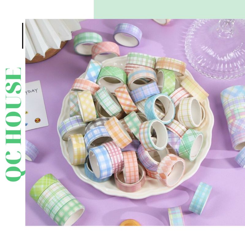 Cuộn băng keo Washi caro trang trí nhật ký, sách họa tiết dễ thương, siêu đáng yêu - washi tape