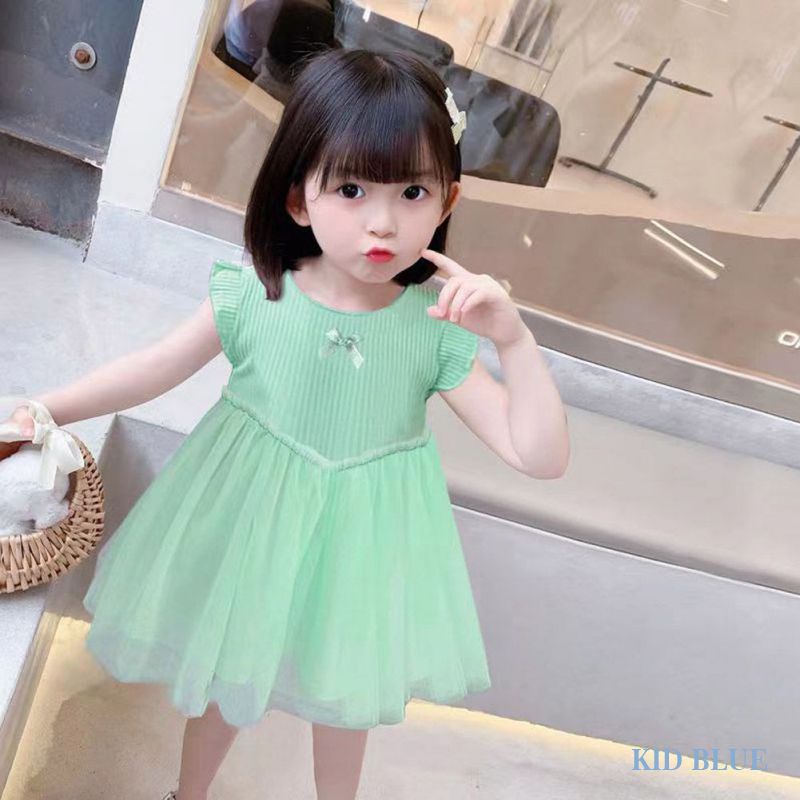 Đầm Công Chúa Không Tay Màu Trơn Phối Lưới Đính Nơ Xinh Xắn Cho Bé Gái