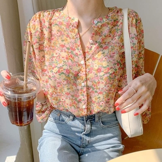 Áo Sơ Mi Chiffon Cổ Chữ V In Họa Tiết Hoa Phong Cách Thời Trang Mới Cho Nữ