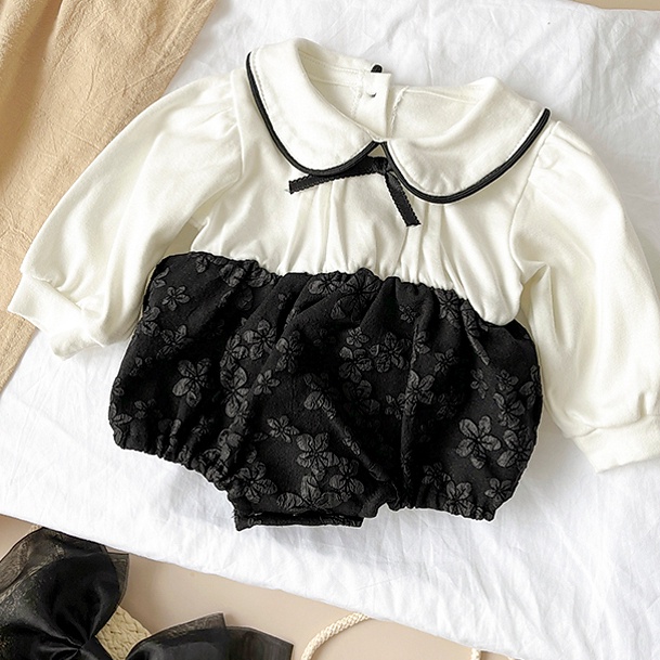 Bộ Áo Liền Quần Tay Dài Đính Nơ Thời Trang Xuân Thu Cho Bé Gái 0-2 Tuổi