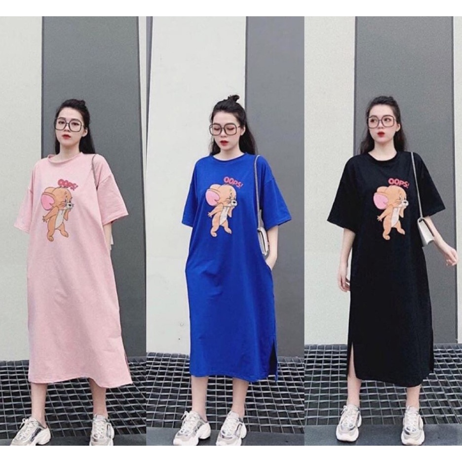 Đầm suông nữ Bingshop hình chuột dáng dài tay lỡ vải đẹp form rộng