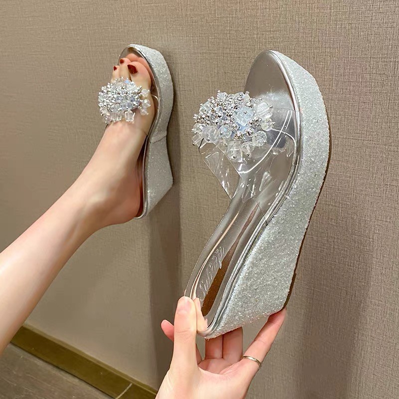 Dép đế xuồng nhũ kim sa quai đính đá 8-12 cm, hàng cao cấp