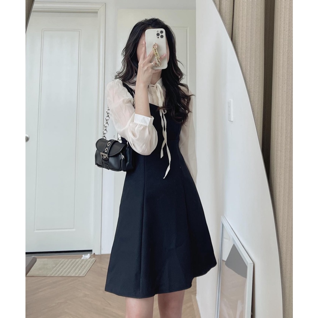 (ảnh thật) Audrey Set váy yếm phối somi voan