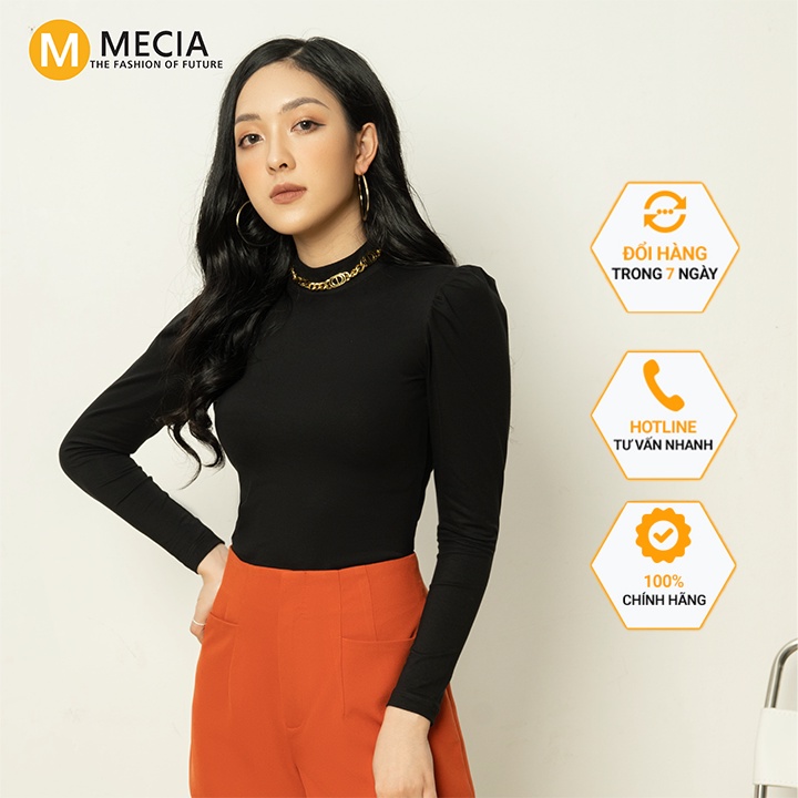 Áo thun nữ trẻ trung, cá tính MECIA AT021-02 thiết kế kiểu tay dài cổ leo tay bồng vai vải cotton cao cấp 7 ngày đổi mới