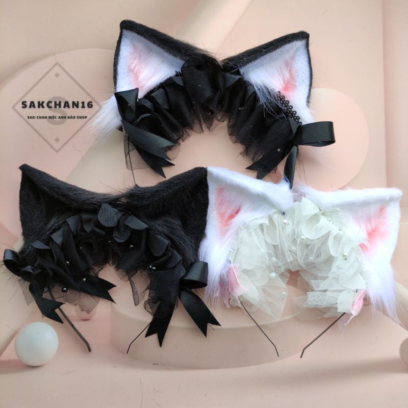 Tai mèo lolita form đẹp phối ren màu đen và trắng