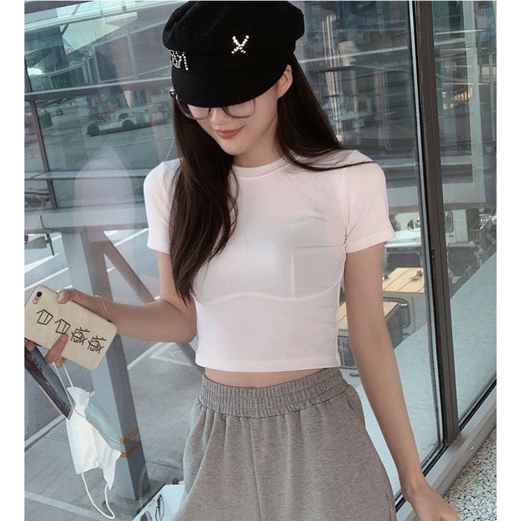 Áo Croptop Nữ Tay Ngắn Phông Trơn Có Bo Viền Trước Ngực Cực Sexy Mẫu Mới 2022