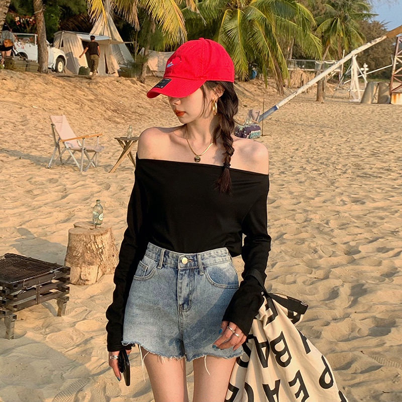 Áo thun COZOK tay dài trễ vai dáng rộng thời trang quyến rũ cho nữ