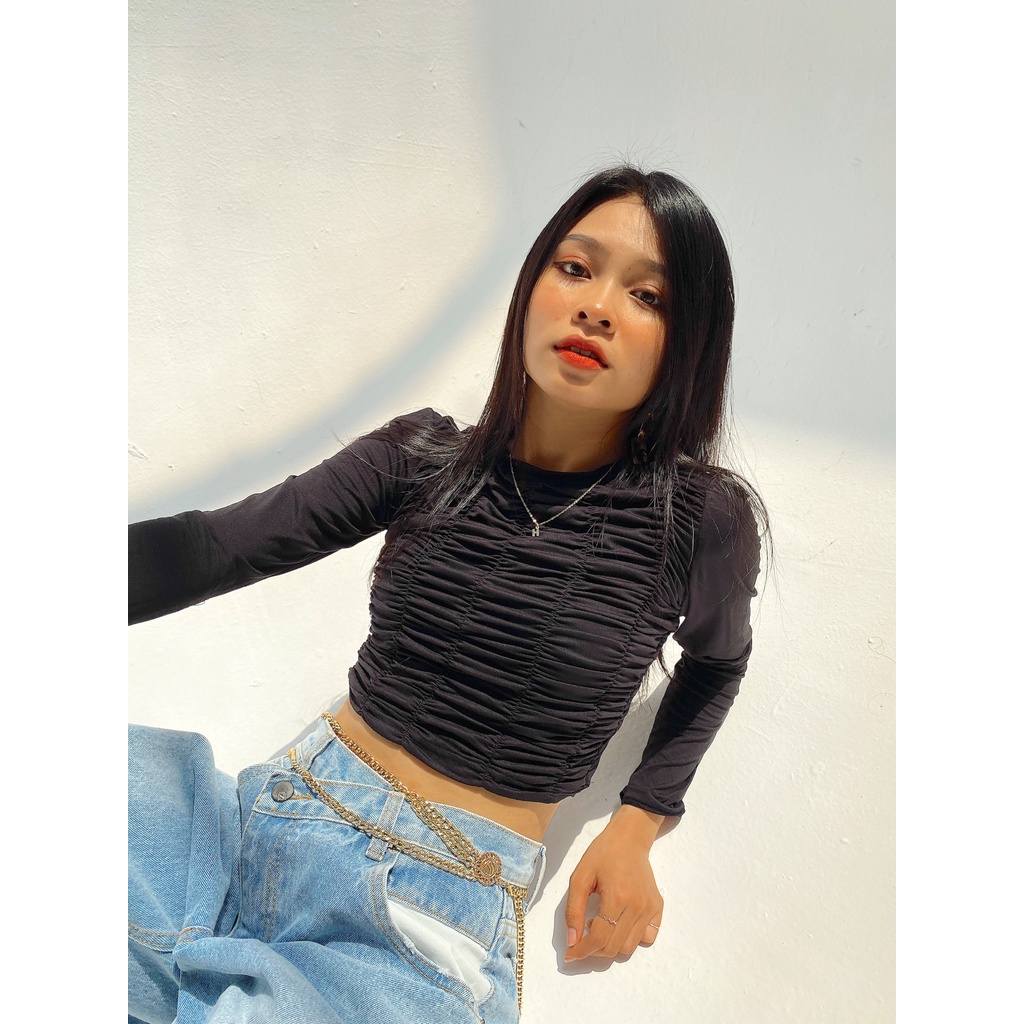 Áo croptop thun Mia Ritta nhún chun dài tay A1907 ảnh thật feedback