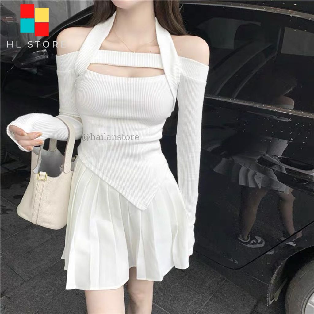 Áo thun nữ dáng ôm ❤️ Áo len mỏng trễ vai tay dài sexy phong cách Ulzzang Hải Lan Store HL02 | WebRaoVat - webraovat.net.vn